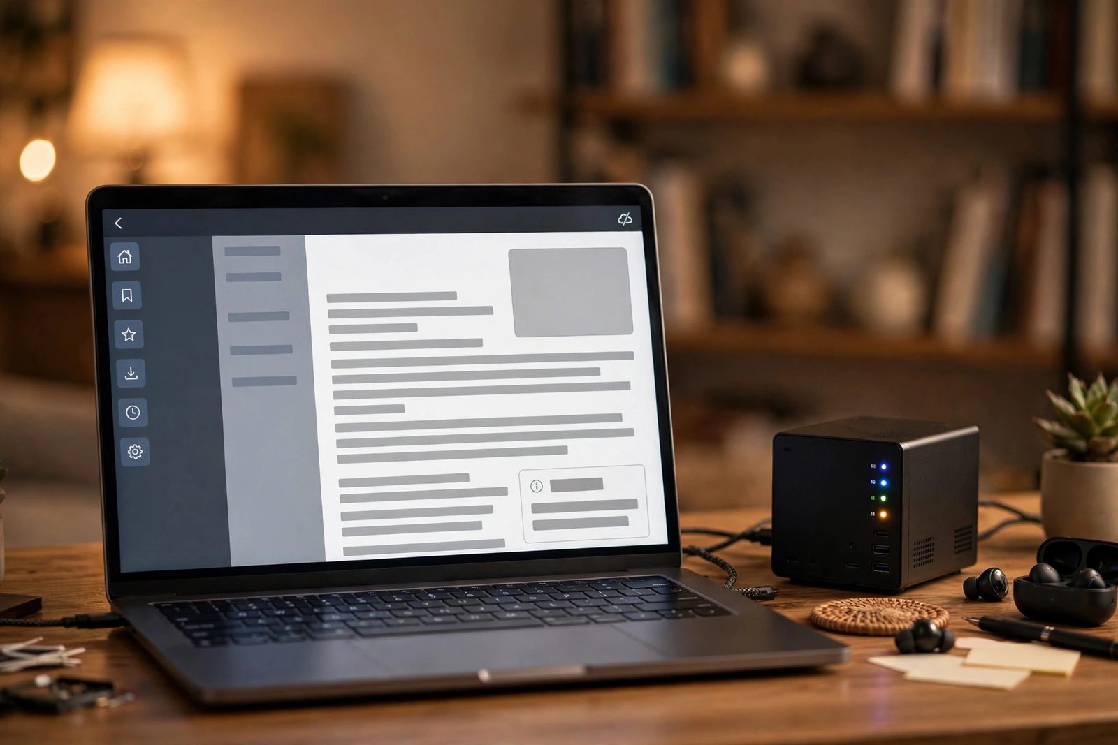 Laptop showing an offline encyclopedia article beside a mini PC server, bookshelf blurred behind