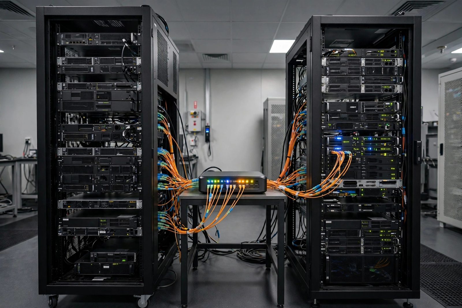 Two separate server racks with fiber cables joined through a small security device with glowing indicator lights